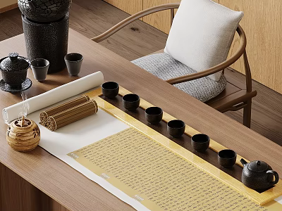 Traditional Chinese Tea Set on Wooden Table with Teapot Tea Cups Tray and Calligraphy Scroll 3d model