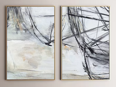 Modern Abstract Diptych Wall Art Paintings With Black Brush Strokes Soft Gray Beige Tones 3d model