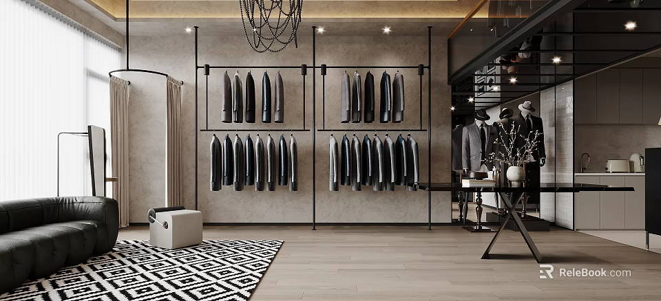 Modern Clothing Store Interior With Metal Racks Hanging Clothes Wooden Floor And Chandelier 3d model 