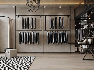 Modern Clothing Store Interior With Metal Racks Hanging Clothes Wooden Floor And Chandelier 3d model