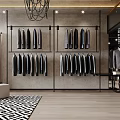Modern Clothing Store Interior With Metal Racks Hanging Clothes Wooden Floor And Chandelier