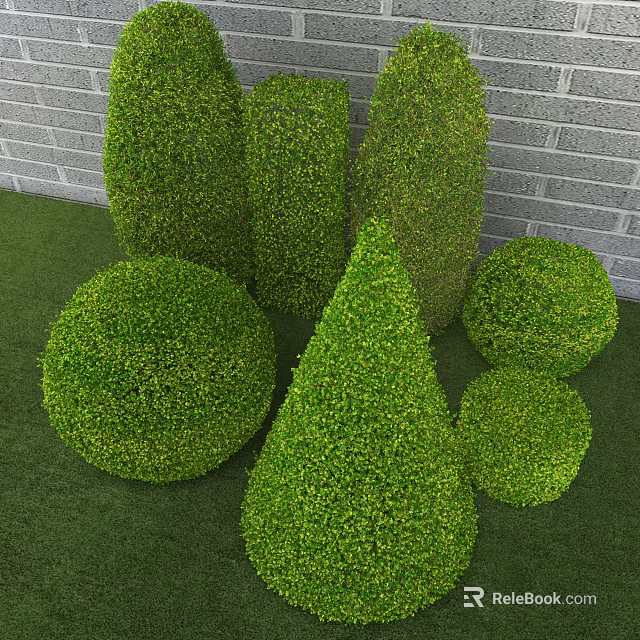 Well Trimmed Garden Shrubs in Various Geometric Shapes with Gray Brick Wall and Green Grass 3d model 