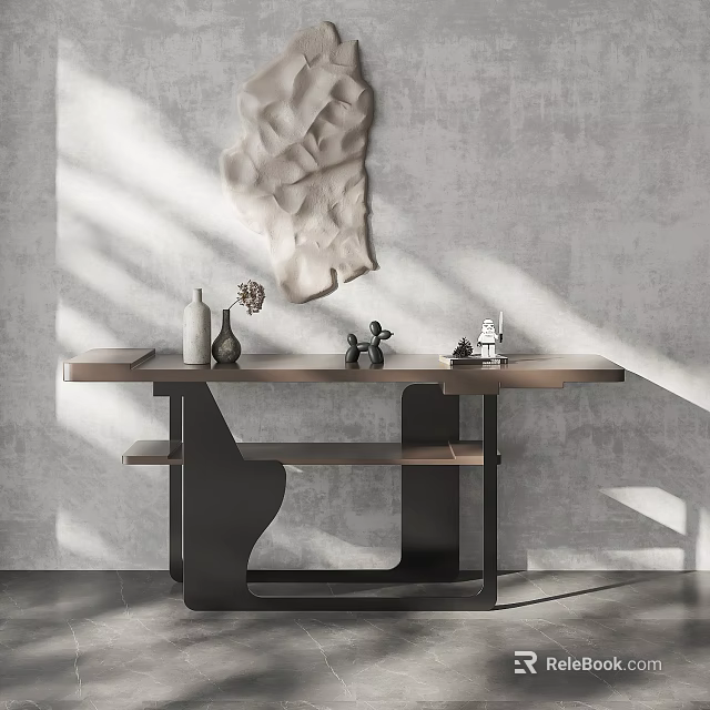 Modern Console Table With Decorative Vases And Abstract Wall Art On Gray Wall 3d model