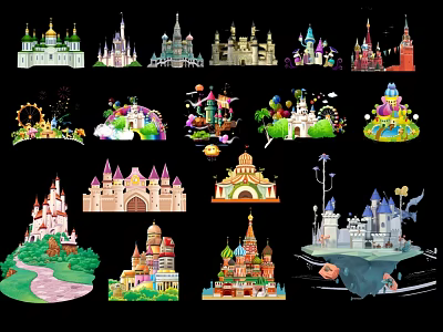 Fairy Tale Castle Themed Hanging Ornaments With Various Architectural Styles And Decorative Details 3d model