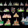 Fairy Tale Castle Themed Hanging Ornaments With Various Architectural Styles And Decorative Details
