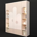 Light Beige Wardrobe With Cloud Shaped Doors Arched Light Strips And Open Shelves With Decorations
