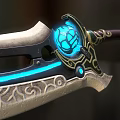 Ornate Decorative Weapon With Blue Accents Intricate Patterns And Wooden Handle