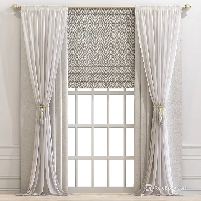 Elegant White Linen Curtains with Gray Roman Shade and Window Tiebacks in Modern Interior 3d model 