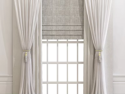 Elegant White Linen Curtains with Gray Roman Shade and Window Tiebacks in Modern Interior 3d model