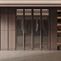 Modern Dark Wooden Wardrobe Interior With Glass Sliding Doors And Storage Shelves