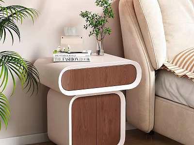 Modern Bedroom Interior Design With Wooden White Bedside Table Book Vase And Palm Plant Decor 3d model