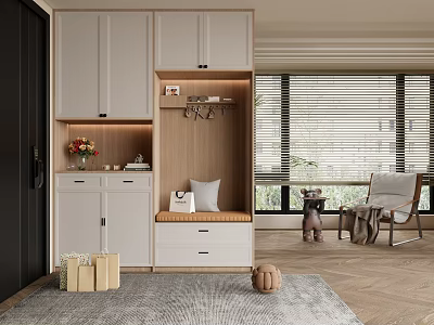 Modern Minimalist Shoe Cabinet Design With Wooden Bench Hooks White Storage And Flower Vase 3d model