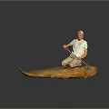 Traditional Wooden Boat With Person Rowing Using Oar On Calm Water