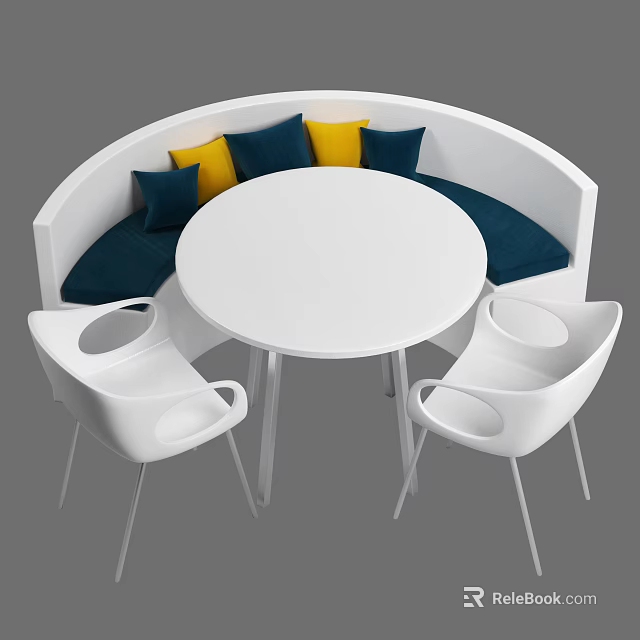 Modern Curved Public Chair With Blue Yellow Cushions And Round White Table 3d model 