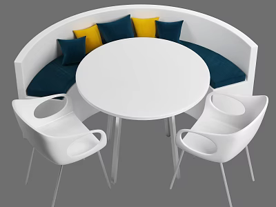 Modern Curved Public Chair With Blue Yellow Cushions And Round White Table 3d model