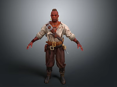 A Man Wearing White Shirt Brown Pants Leather Belt Boots And Decorative Necklace 3d model