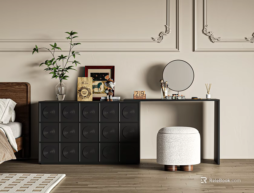 Modern Black Vanity Dressing Table With Drawers Mirror Stool Decorations And Potted Plant 3d model 