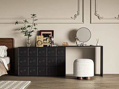 Modern Black Vanity Dressing Table With Drawers Mirror Stool Decorations And Potted Plant 3d model