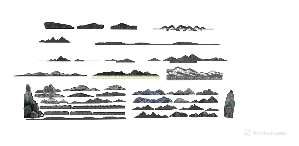 Garden Ornaments With Various Mountain Shaped Designs Simple Lines And Green Grass Elements 3d model