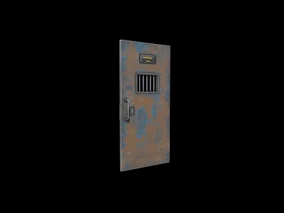 Rusty Metal Prison Swing Door With Barred Window And Sign 3d model