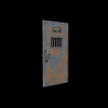 Rusty Metal Prison Swing Door With Barred Window And Sign