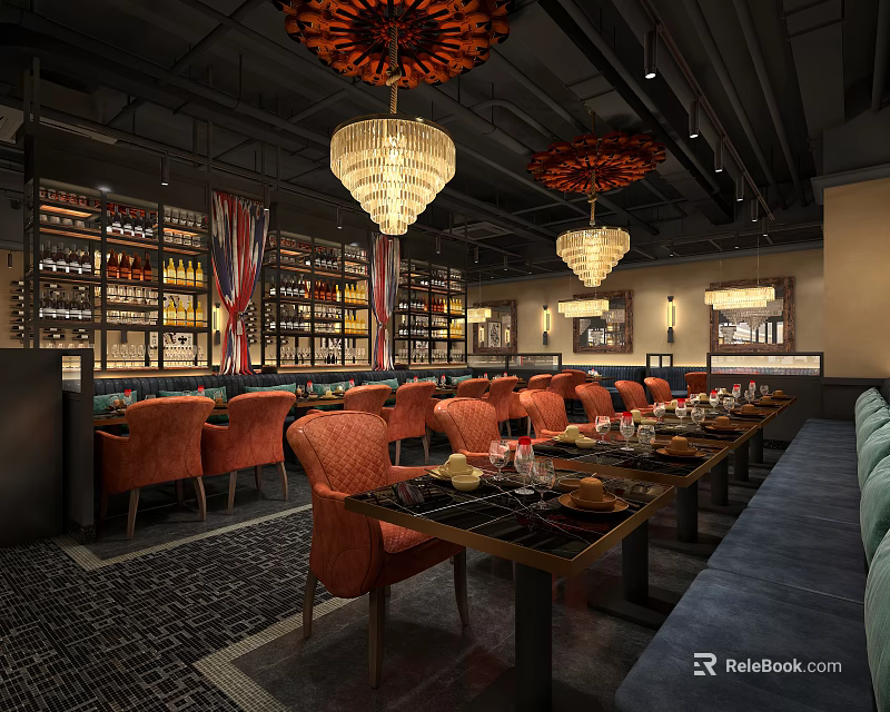 Modern Restaurant Interior With Orange Chairs Chandeliers And Wine Racks 3d model 