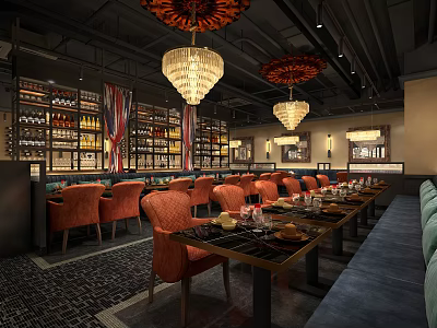 Modern Restaurant Interior With Orange Chairs Chandeliers And Wine Racks 3d model