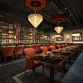 Modern Restaurant Interior With Orange Chairs Chandeliers And Wine Racks