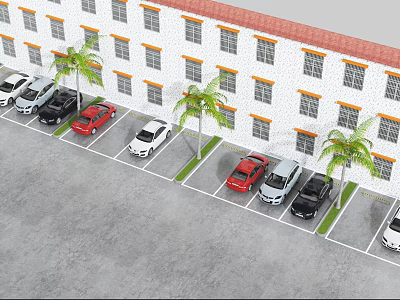 Parking Lot With Multiple Cars Palm Trees White Building And Gray Pavement 3d model