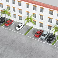 Parking Lot With Multiple Cars Palm Trees White Building And Gray Pavement