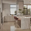 Modern Dining and Living Area With White Cabinets Marble Countertop Green Plants And Chandeliers