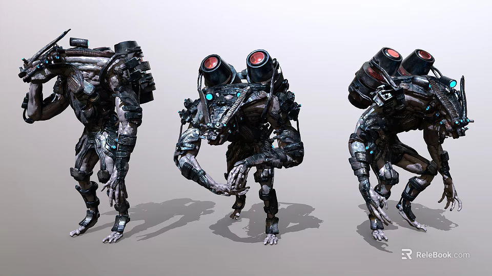 Sci Fi Mechanical Creatures In Multiple Poses With Red Eyes And Detailed Robotic Structures 3d model 