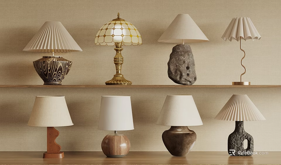 Multiple Table Lamps With Diverse Design Styles And Materials Displayed On Wooden Shelf 3d model 