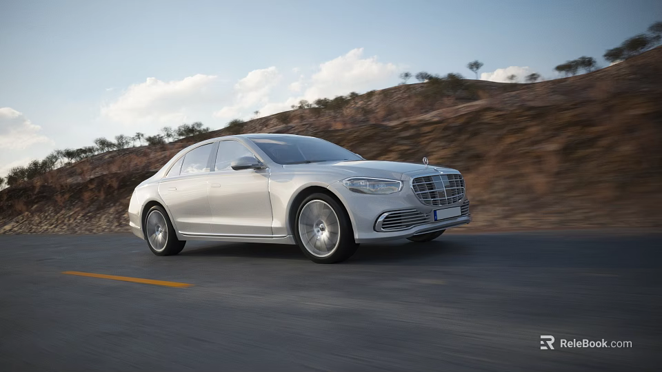 Silver Luxury Sedan Driving On Road With Scenic Mountain Background 3d model 