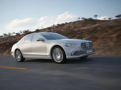 Silver Luxury Sedan Driving On Road With Scenic Mountain Background 3d model