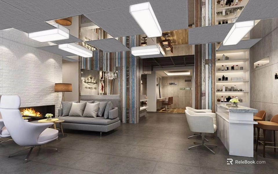 Modern Beauty And Hair Salon Interior With Sofa Seating Styling Chairs And Lighting Fixtures 3d model 