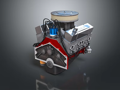 High Performance Engine With Red Cylinder Block Silver Air Filter And Metal Pipes 3d model
