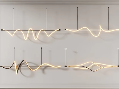 Multiple Wavy Neon Chandeliers Glowing On White Wall Modern Interior Lighting 3d model