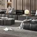 Elegant Modern Living Room Interior With Black Leather Sofa Gray Rug And Wooden Accent Wall