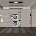 Modern Laundry Room Interior Design With White Cabinets Stacked Washer Dryer And Storage Shelves