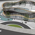 Modern Sales Office Building With Wavy Wooden Structure Large Glass Panels And Plaza Greenery