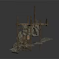 Weathered Wooden Structure With Rock Base Steps And Cross Beams 3d model