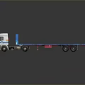 Blue and White Flatbed Truck With Multiple Wheels On Reflective Black Surface 3d model