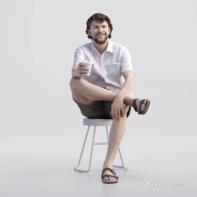 Man sitting on stool holding cup wearing white shirt shorts and sandals against white background 3d model 
