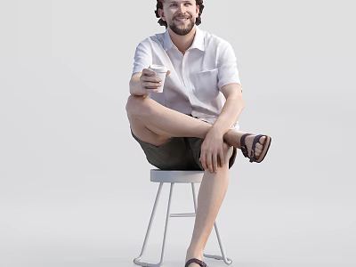 Man sitting on stool holding cup wearing white shirt shorts and sandals against white background 3d model