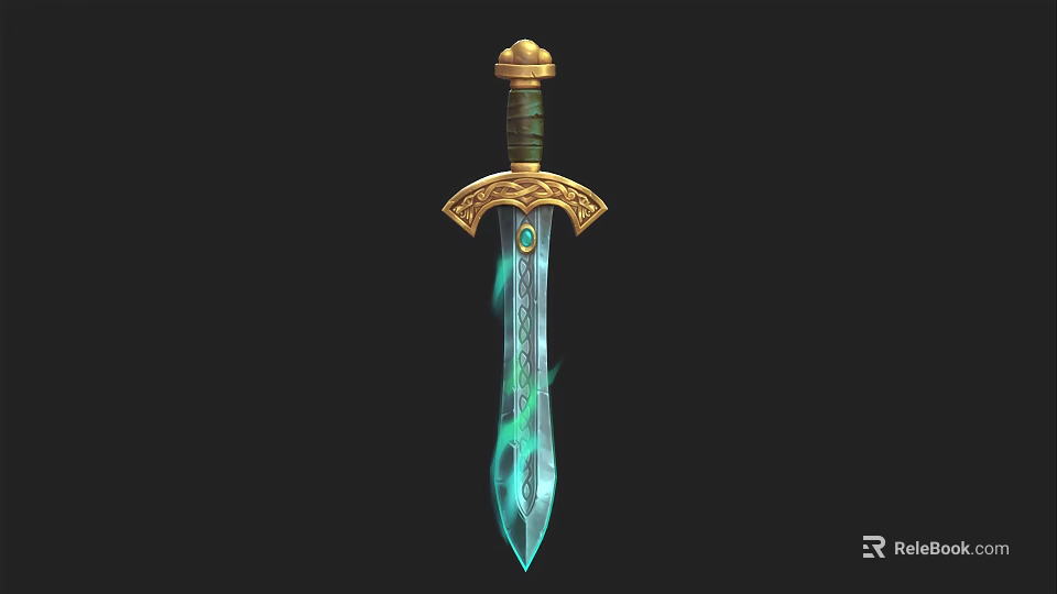 Ornate Fantasy Sword With Golden Hilt Crossguard Green Gem And Blue Glowing Patterns 3d model 