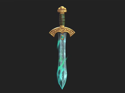 Ornate Fantasy Sword With Golden Hilt Crossguard Green Gem And Blue Glowing Patterns 3d model