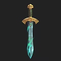 Ornate Fantasy Sword With Golden Hilt Crossguard Green Gem And Blue Glowing Patterns