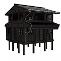 Traditional Japanese Stilted Building Wooden Structure With Lattice Windows And Sloped Roof