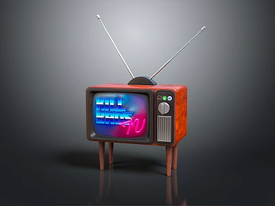 Vintage Old Fashioned Computer With Antenna And Colorful Screen Display On Wooden Base 3d model